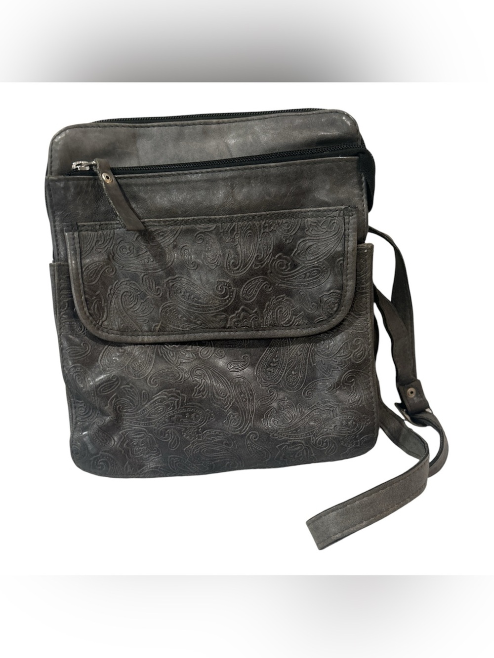 Pecari Genuine Leather Dark Gray Paisley embossed Crossbody Bag GUC